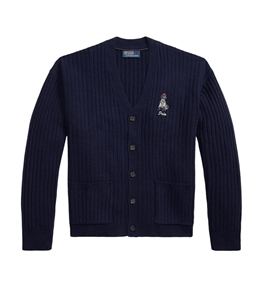 POLO RALPH LAUREN - Maglie - cardigan in lana ricamato big-fit blu cacciatore
