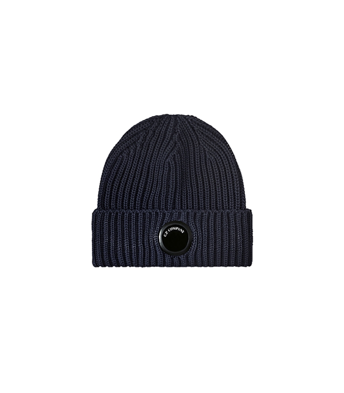 C.P. COMPANY - Cappelli - EXTRAFINE MERINO WOOL LOGO BEANIE BLACK