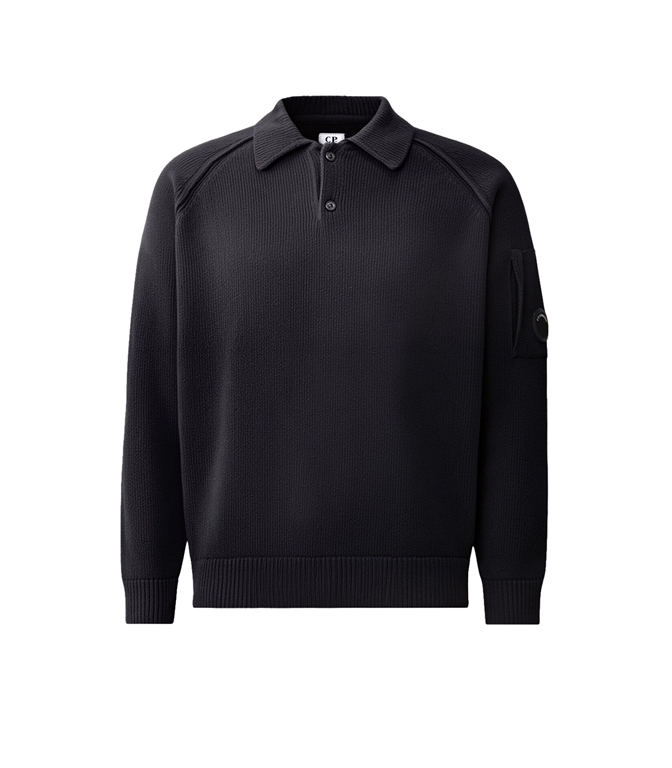 C.P. COMPANY - Maglie - CHENILLE COTTON LENS POLO SWEATER TOTAL ECLIPSE - BLUE