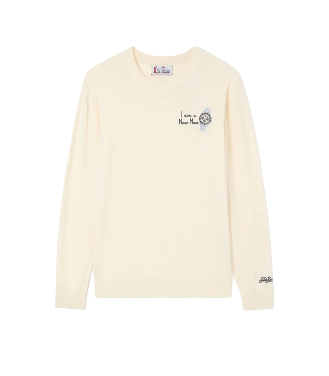 Mc2 Saint Barth - Maglie - MAGLIA GIROCOLLO HERON LIGHT GRIGIA IN MISTO LANA E CASHMERE CON RICAMO I AM A NEW MAN