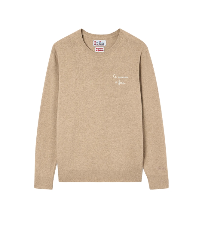 Mc2 Saint Barth - Maglie - MAGLIA GIROCOLLO HERON LIGHT BEIGE IN MISTO LANA E CASHMERE CON RICAMO CA' NISCIUN  FESS