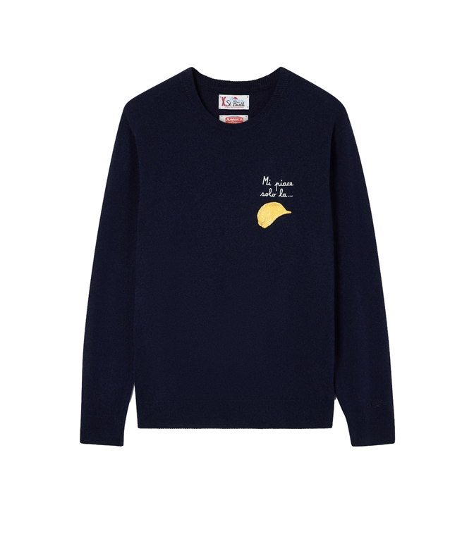 Mc2 Saint Barth - Maglie - MAGLIA GIROCOLLO HERON LIGHT BLU NAVY IN MISTO LANA E CASHMERE CON RICAMO AMICA CHIPS