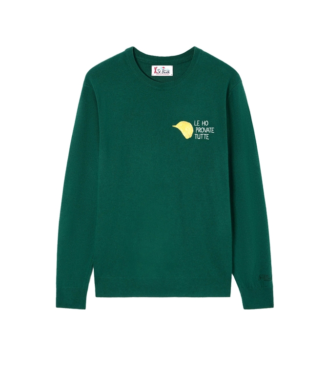 Mc2 Saint Barth - Maglie - MAGLIA GIROCOLLO HERON LIGHT VERDE IN MISTO LANA E CASHMERE CON RICAMO AMICA CHIPS