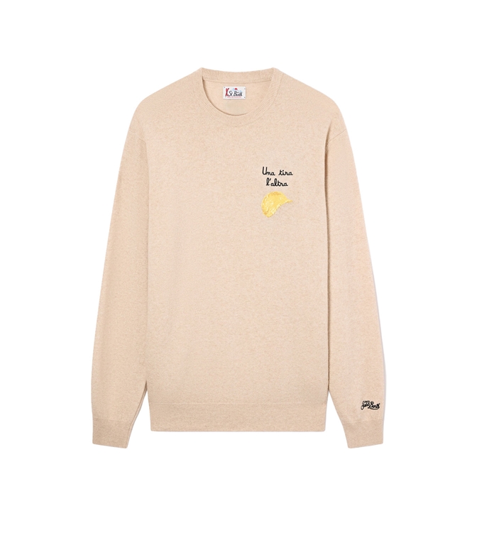 Mc2 Saint Barth - Maglie - MAGLIA GIROCOLLO HERON LIGHT BEIGE IN MISTO LANA E CASHMERE CON RICAMO AMICA CHIPS