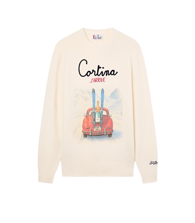 Mc2 Saint Barth - Maglie - MAGLIA GIROCOLLO HERON GRIGIA IN MISTO LANA E CASHMERE CON INTARSIO E RICAMO CORTINA J'ARRIVE
