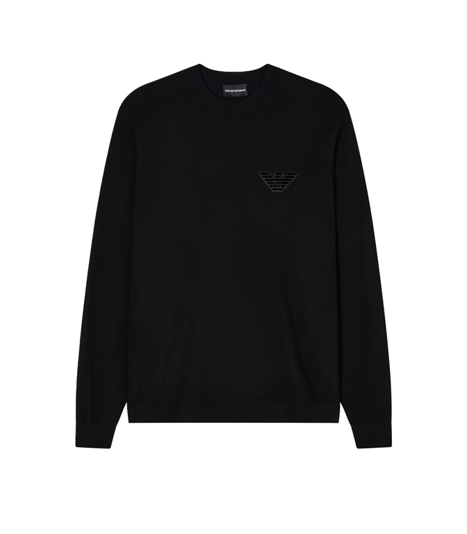 Emporio Armani - Maglie - MAGLIONE IN LANA VERGINE RASATA CON PATCH AQUILA BLACK BEAUTY