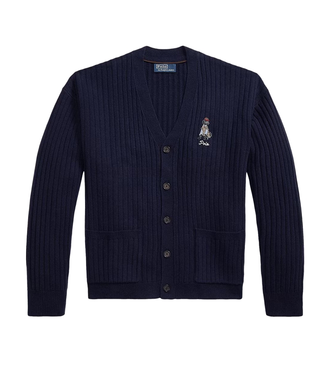 POLO RALPH LAUREN - Maglie - CARDIGAN IN LANA RICAMATO BIG-FIT BLU CACCIATORE