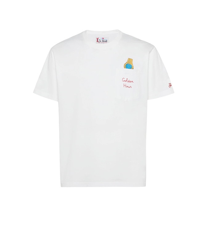 Mc2 Saint Barth - T-Shirt - T-SHIRT CONNOR IN COTONE BIANCO CON RICAMO SUL TASCHINO GOLDEN HOUR